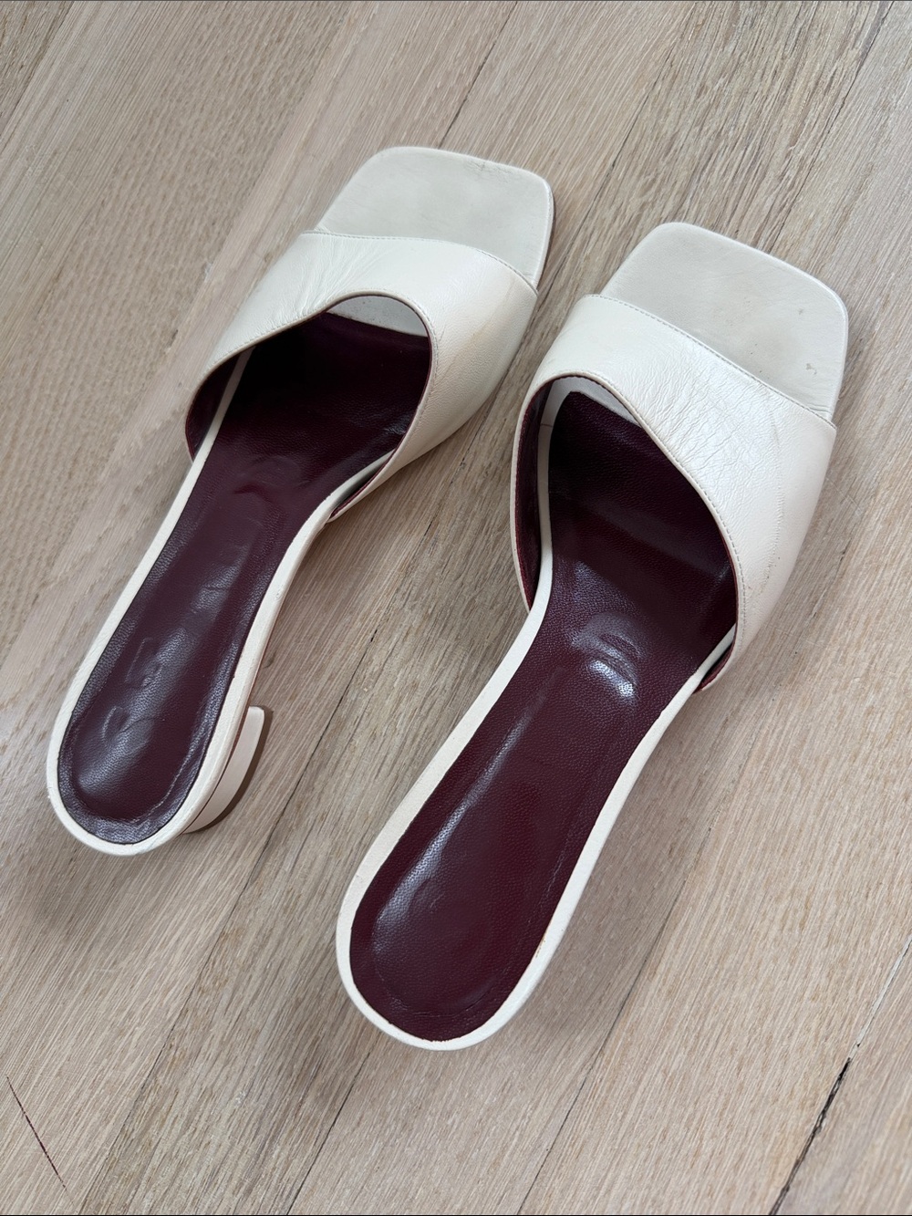 STAUD Cream Leather Slide Mules with Burgundy Insole